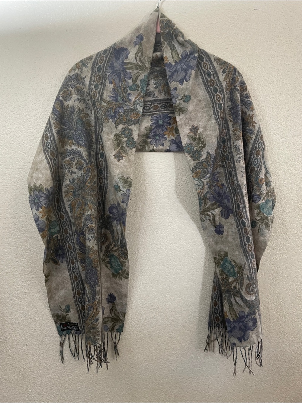 V. Frass cashmink Floral Paisley Fringe Shawl Scarf - Blue/Gray made in Germany